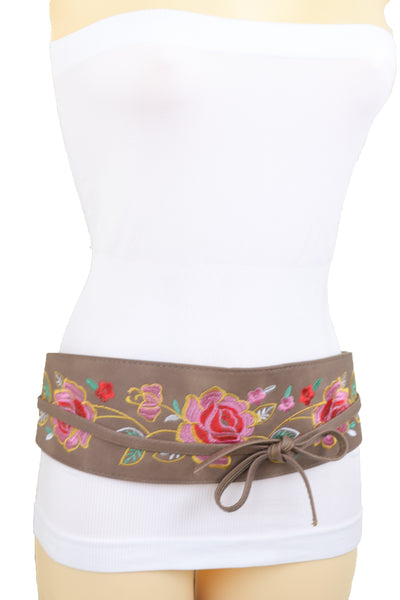Brand New Women Taupe Beige High Waist Wide Faux Leather Wrap Around Tie Belt Flowers S M