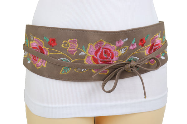 Brand New Women Taupe Beige High Waist Wide Faux Leather Wrap Around Tie Belt Flowers S M