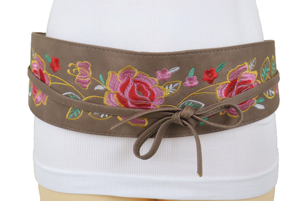 Brand New Women Taupe Beige High Waist Wide Faux Leather Wrap Around Tie Belt Flowers S M