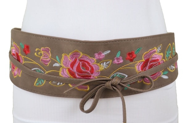 Brand New Women Taupe Beige High Waist Wide Faux Leather Wrap Around Tie Belt Flowers S M