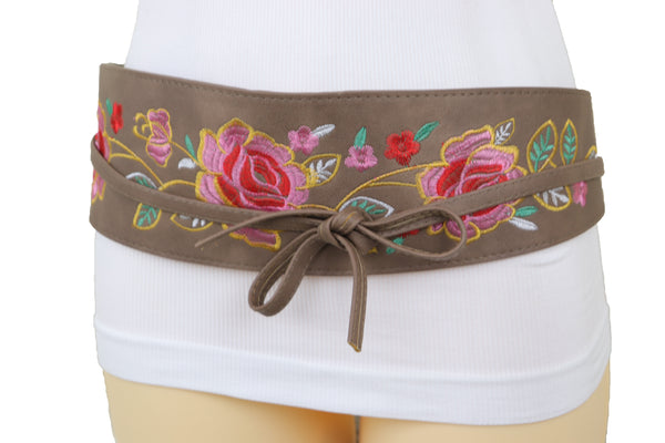 Brand New Women Taupe Beige High Waist Wide Faux Leather Wrap Around Tie Belt Flowers S M