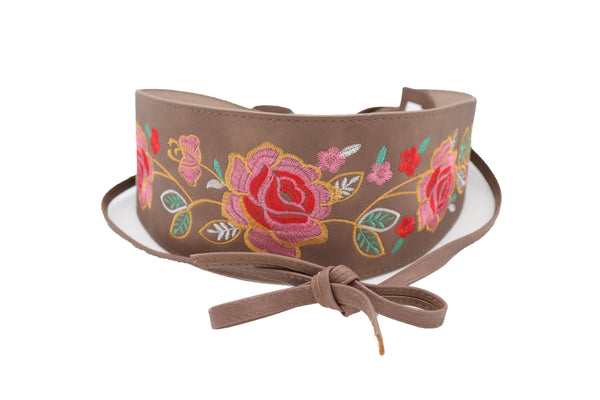 Brand New Women Taupe Beige High Waist Wide Faux Leather Wrap Around Tie Belt Flowers S M
