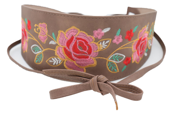 Brand New Women Taupe Beige High Waist Wide Faux Leather Wrap Around Tie Belt Flowers S M