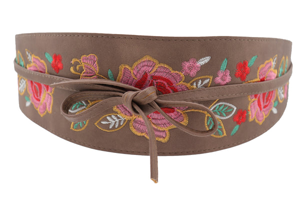 Brand New Women Taupe Beige High Waist Wide Faux Leather Wrap Around Tie Belt Flowers S M