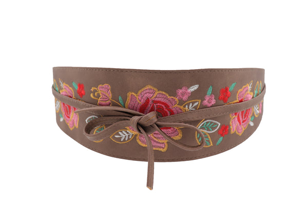 Brand New Women Taupe Beige High Waist Wide Faux Leather Wrap Around Tie Belt Flowers S M