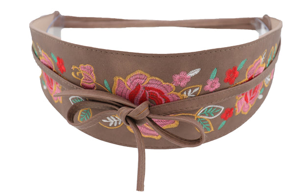 Brand New Women Taupe Beige High Waist Wide Faux Leather Wrap Around Tie Belt Flowers S M