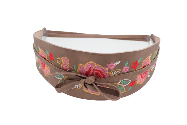 Brand New Women Taupe Beige High Waist Wide Faux Leather Wrap Around Tie Belt Flowers S M
