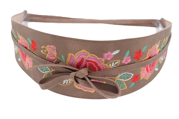 Brand New Women Taupe Beige High Waist Wide Faux Leather Wrap Around Tie Belt Flowers S M