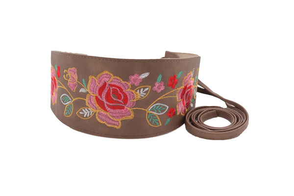 Brand New Women Taupe Beige High Waist Wide Faux Leather Wrap Around Tie Belt Flowers S M