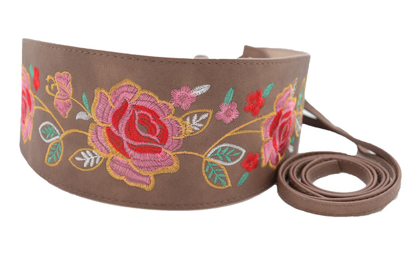 Brand New Women Taupe Beige High Waist Wide Faux Leather Wrap Around Tie Belt Flowers S M