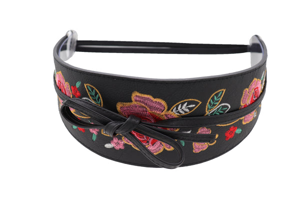 Brand New Women Black Faux Leather Wrap Kimono Wrap Around Tie Belt Embroidery Flower S M