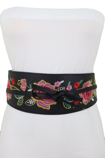 Brand New Women Black Faux Leather Wrap Kimono Wrap Around Tie Belt Embroidery Flower S M
