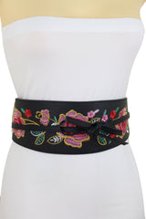 Black Faux Leather Wrap Kimono Wrap Around Tie Belt Embroidery Flower S M