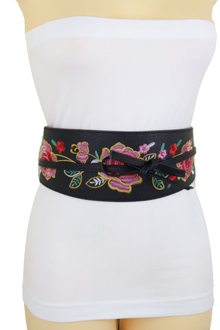 Brand New Women Black Faux Leather Wrap Kimono Wrap Around Tie Belt Embroidery Flower S M