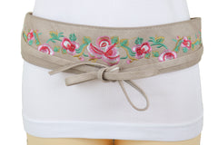 Taupe Beige Faux Leather Wide Wrap Around Tie Kimono Belt Flowers Size S M