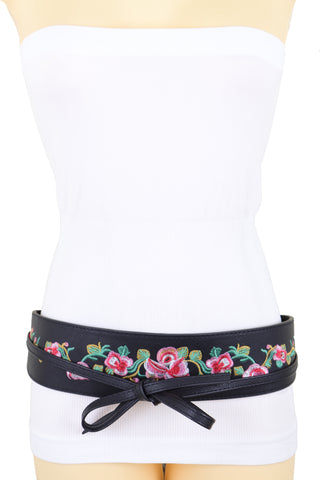 Brand New Women Wide Black Faux Leather Wrap Around Tie Fashion Belt Hip Waist Flowers S M