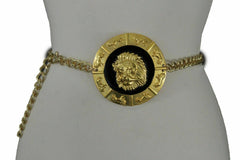 Gold Metal Chain Belt with Large Lion Head Medallion Pendant
