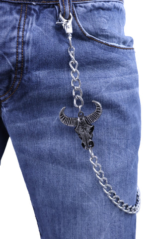 Men Silver Metal Wallet Chain Fashion KeyChain Biker Strong Big Bull Skull Charm Biker Style Fashion Accessory