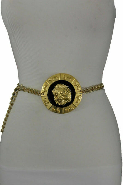 Brand Women Bling  Lion Medallion Charm Buckle Fashion Belt Waist Hip Gold Metal Chain Plus Size XL XXL