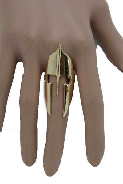 Women Long Gold Metal Fashion Jewelry Ring Warrior War Face Helmet Fits Size 7.5 Bling Style