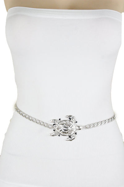 Women Silver Metal Chain Turtle Charm Narrow Elegant Fancy Fashion Belt XL XXL