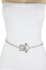 Women Silver Metal Chain Shiny Turtle Charm Narrow Waisted Fashion Belt Size M L XL