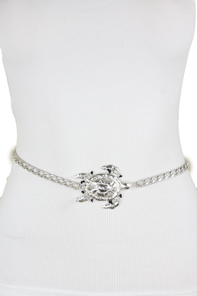 Women Silver Metal Chain Turtle Charm Narrow Elegant Fancy Fashion Belt XL XXL