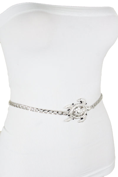 New Women Silver Metal Chain Link Skinny Bling Turtle Buckle Fashion Belt Size XS S M