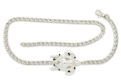 Women Silver Metal Chain Shiny Turtle Charm Narrow Waisted Fashion Belt Size M L XL