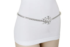 Women Silver Metal Chain Shiny Turtle Charm Narrow Waisted Fashion Belt Size M L XL