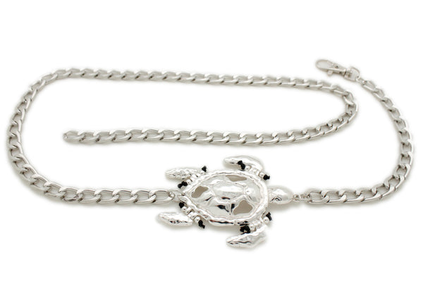 Women Silver Metal Chain Turtle Charm Narrow Elegant Fancy Fashion Belt XL XXL
