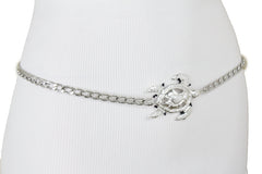 Women Silver Metal Chain Shiny Turtle Charm Narrow Waisted Fashion Belt Size M L XL