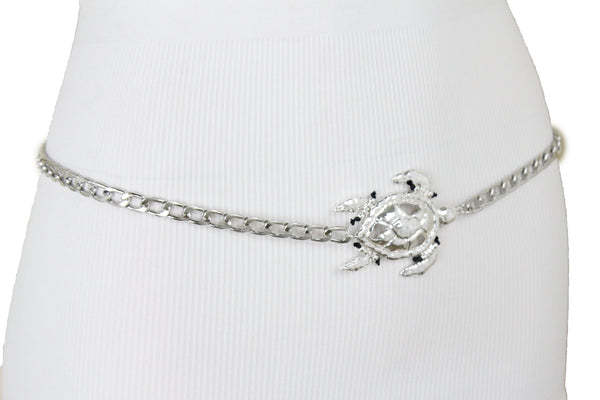 Women Silver Metal Chain Turtle Charm Narrow Elegant Fancy Fashion Belt XL XXL