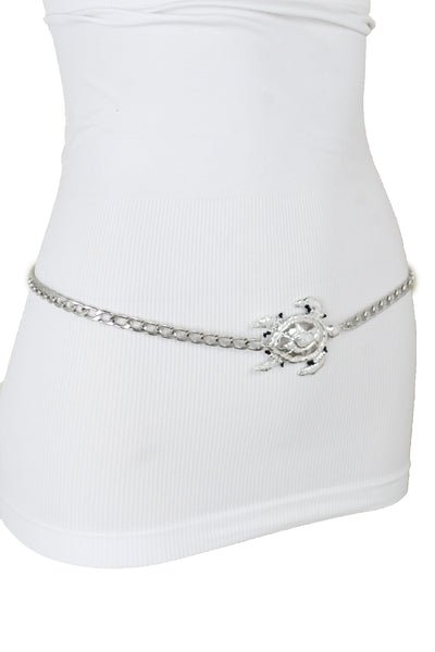 Women Silver Metal Chain Turtle Charm Narrow Elegant Fancy Fashion Belt XL XXL
