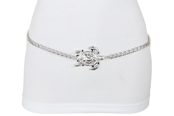 Women Silver Metal Chain Turtle Charm Narrow Elegant Fancy Fashion Belt XL XXL