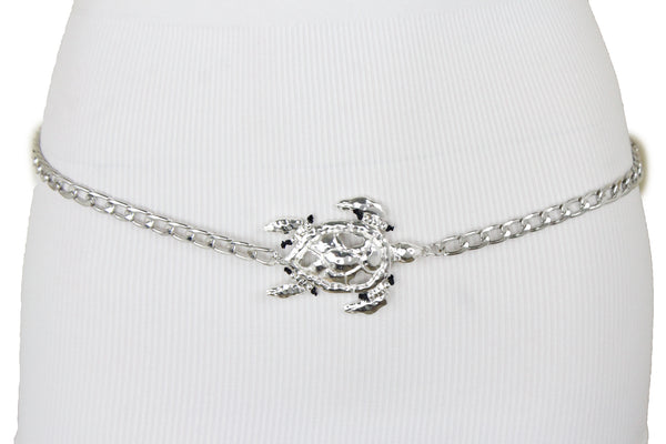 Women Silver Metal Chain Turtle Charm Narrow Elegant Fancy Fashion Belt XL XXL