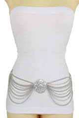 Silver Side Multi Waves Metal Chain Belt with Lion Head Pendant