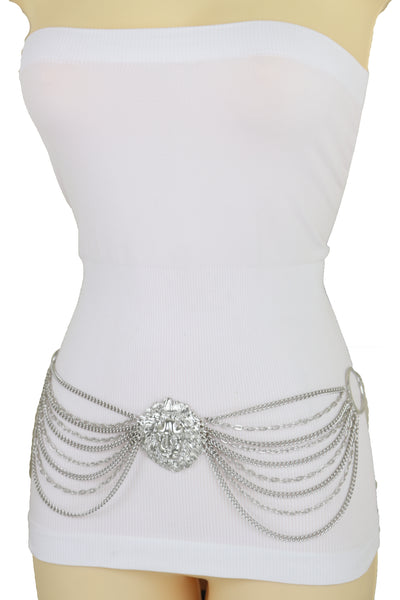 Brand New Women Hip high Waisted Bling Belt Silver Metal Chain Side Waves Lion Charm S M L