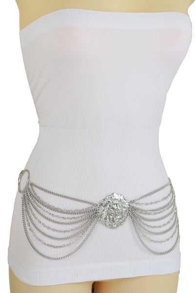 Brand New Women Hip high Waisted Bling Belt Silver Metal Chain Side Waves Lion Charm S M L