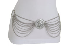 Silver Side Multi Waves Metal Chain Belt with Lion Head Pendant