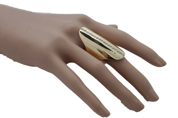 Brand New Women Gold Metal Long Ring Fashion Elastic Band One Size Silver Bling Look Fancy