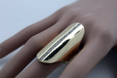 Gold Metal Long Ring Fashion Elastic Band One Size Silver Bling Look Fancy