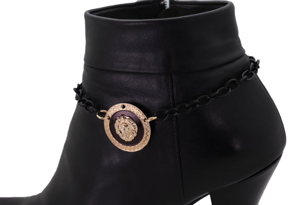 Brand New Women Black Metal Chain Boot Bracelet Shoe Anklet Gold Lion Charm