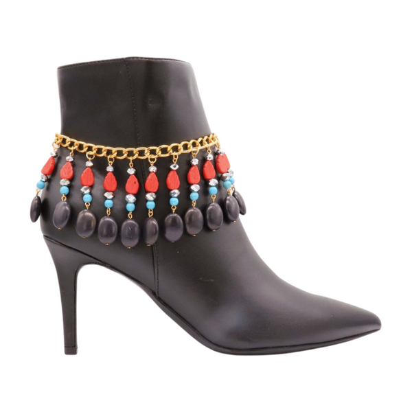 Brand New Women Gold Metal Boot Chain Bracelet Shoe Red Turquoise Beads Charm