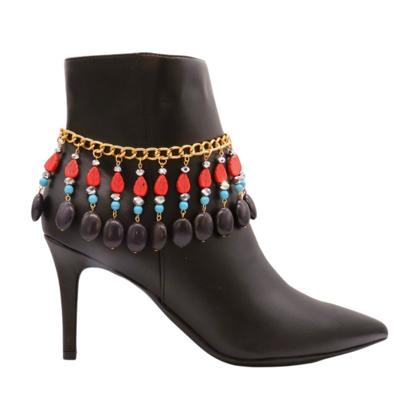 Brand New Women Gold Metal Boot Chain Bracelet Shoe Red Turquoise Beads Charm