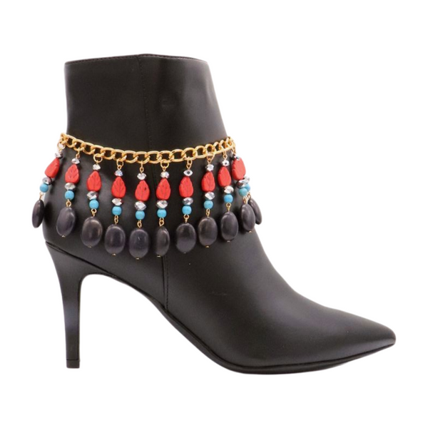 Brand New Women Gold Metal Boot Chain Bracelet Shoe Red Turquoise Beads Charm
