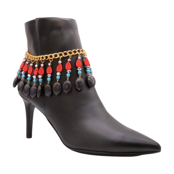 Brand New Women Gold Metal Boot Chain Bracelet Shoe Red Turquoise Beads Charm