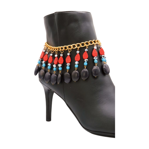 Brand New Women Gold Metal Boot Chain Bracelet Shoe Red Turquoise Beads Charm