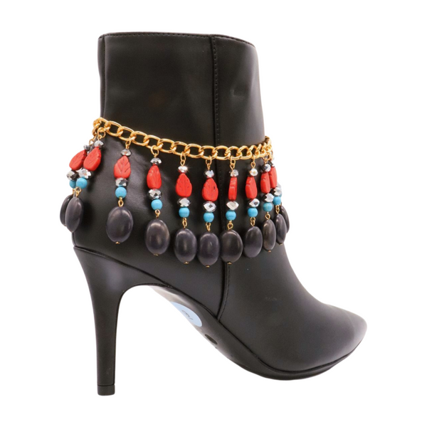Brand New Women Gold Metal Boot Chain Bracelet Shoe Red Turquoise Beads Charm