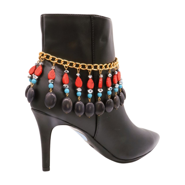 Brand New Women Gold Metal Boot Chain Bracelet Shoe Red Turquoise Beads Charm